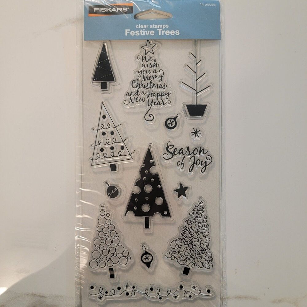Fiskars FESTIVE TREES Clear Cling Stamp Set of 14 Ornaments Stars Phrases